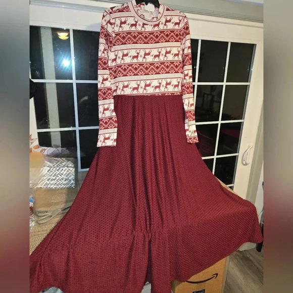 NWT Anika Burke Reindeer & Burgundy Print Fit & Flare Mock Neck Midi Dress XL - Picture 1 of 10